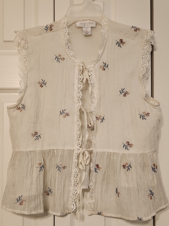 Caroline Constas Tops - Caroline Constas Sleeveless Floral Embroidered Tie-Front Lace Trimmed Top